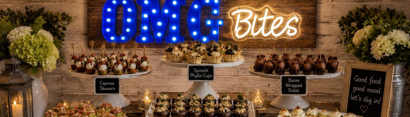OMG Bites appetizer display with small bites, flowers and an illuminated sign