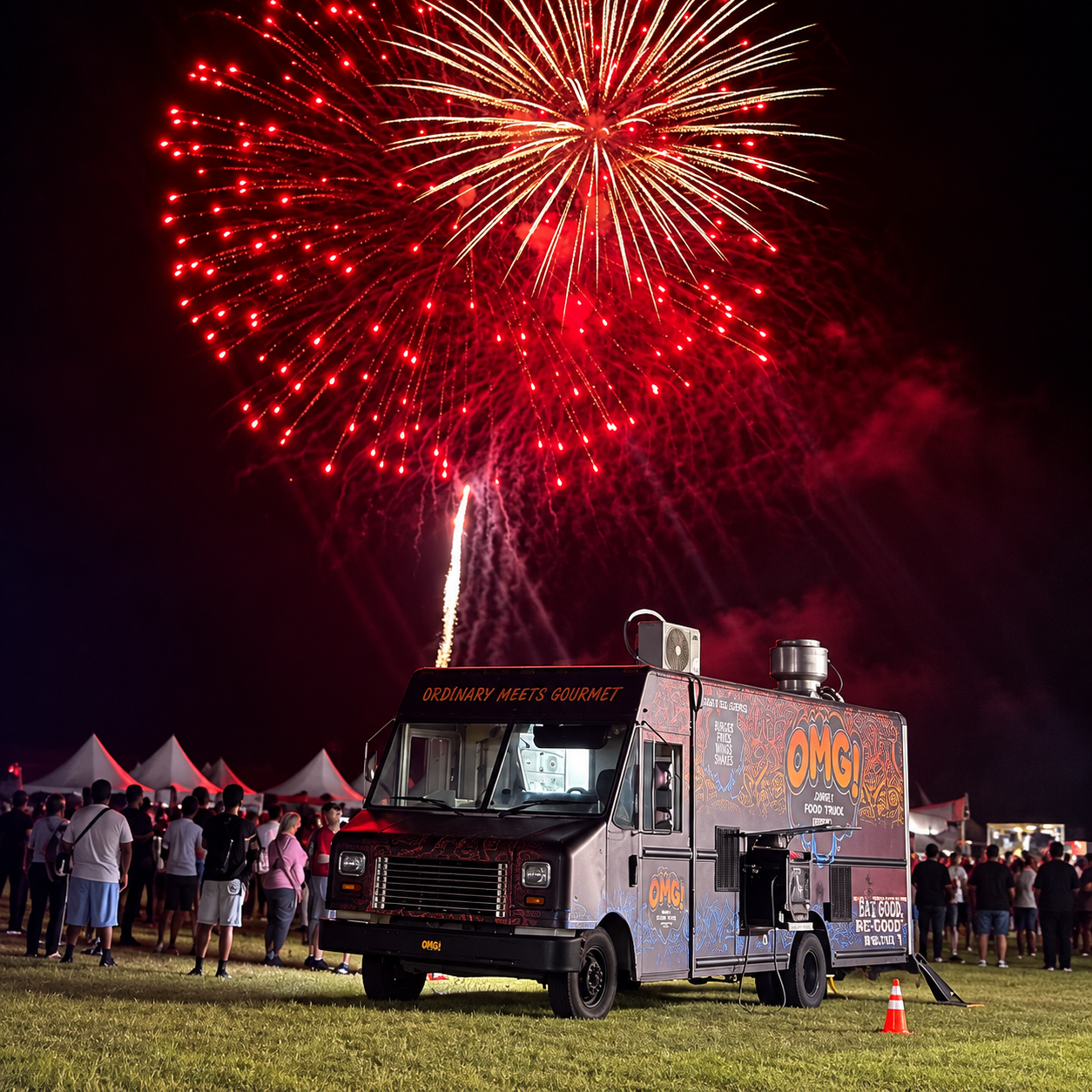 OMG food truck beneath red and gold fireworks