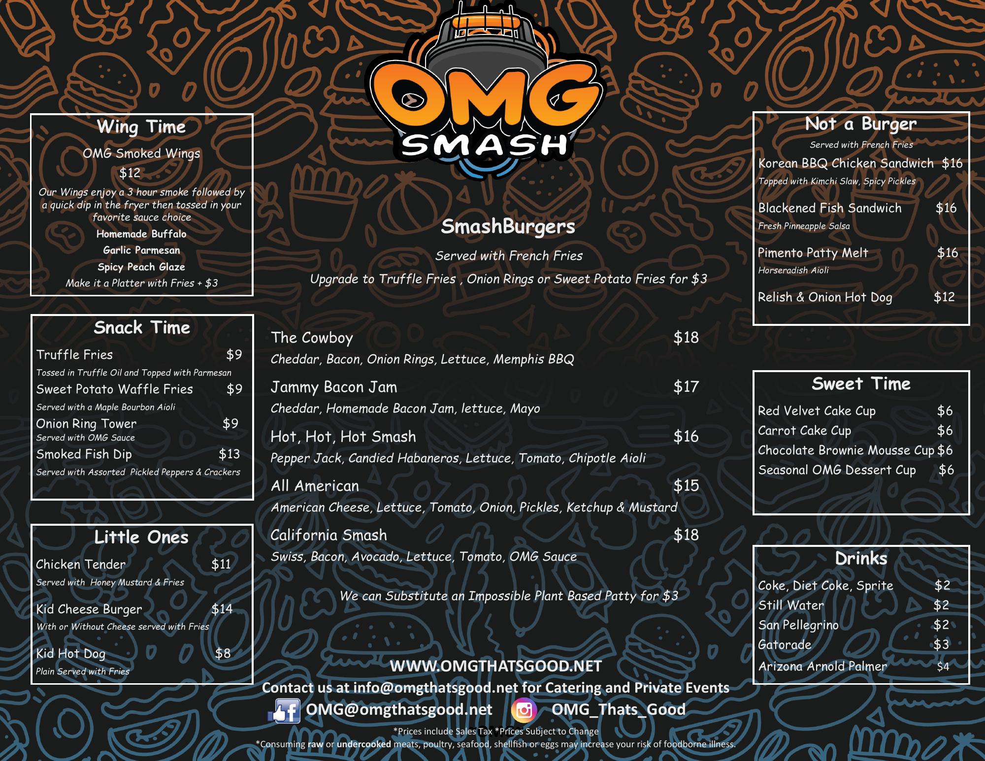 OMG Smash full menu with burgers, wings, snacks, sandwiches, kids meals, desserts and drinks