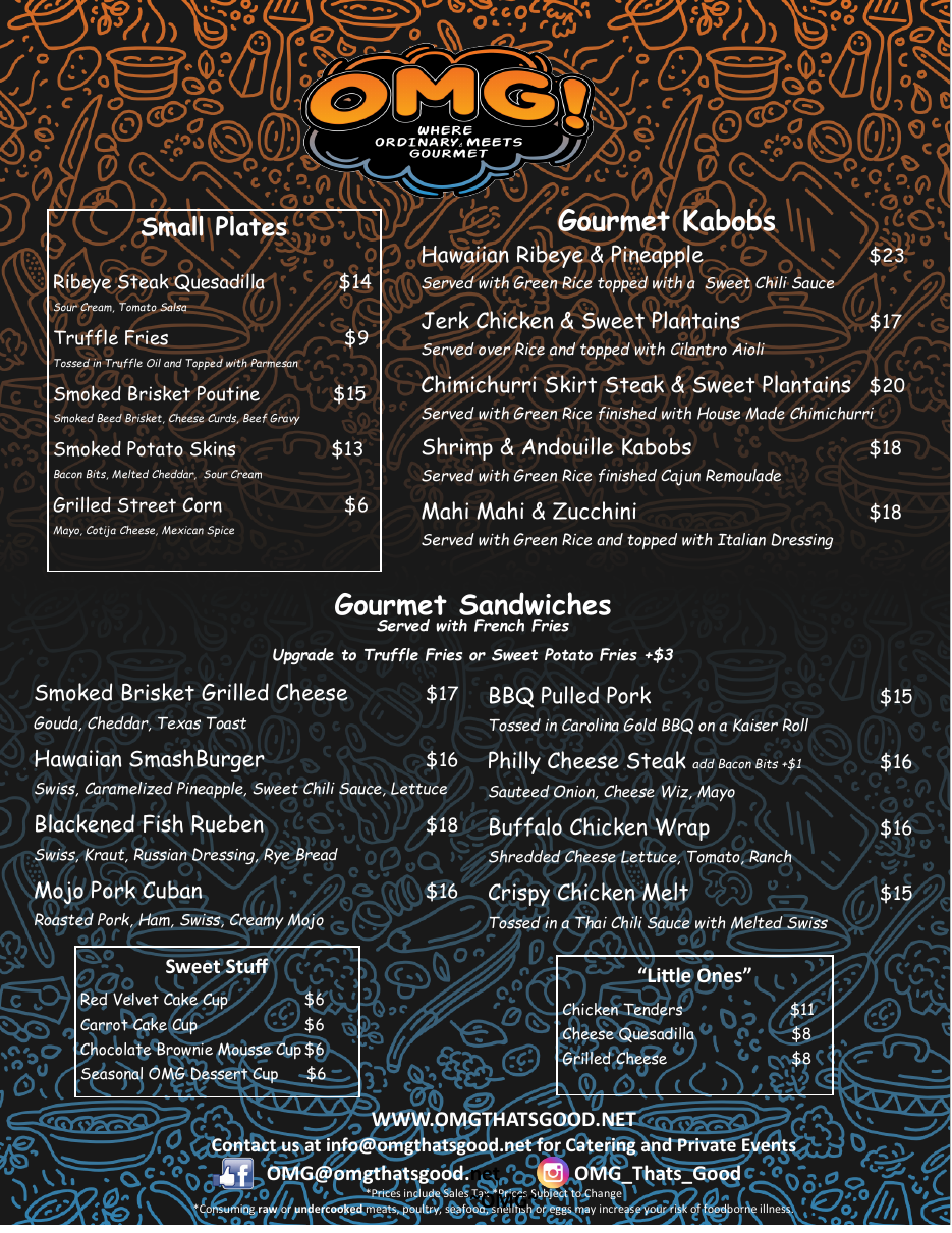 Latest OMG food truck menu with small plates, gourmet kabobs, sandwiches, desserts and kids meals